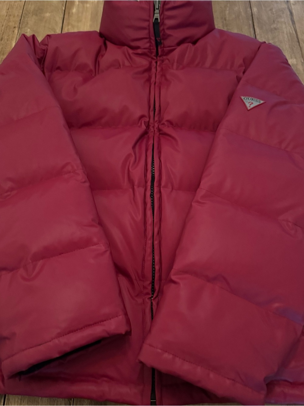 GUESS Red Down Puffer Jacket XL Hooded Full Zip